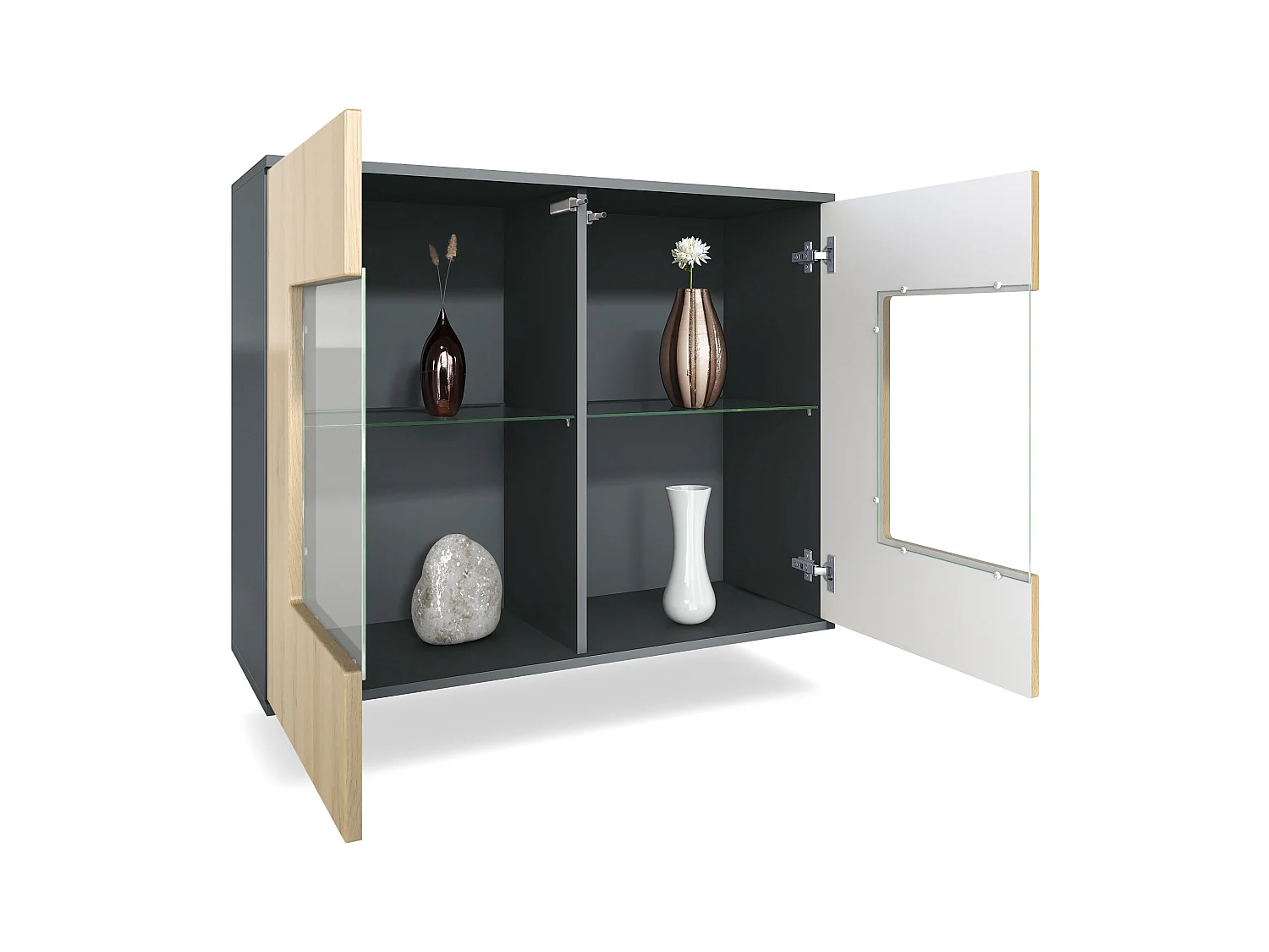 Commode Grömitz V3, Armoire de cuisine moderne avec 2 grandes portes vitrées incl. éclairage RGB anthracite mat / chêne nature (92,5 x 73.5 x 35)