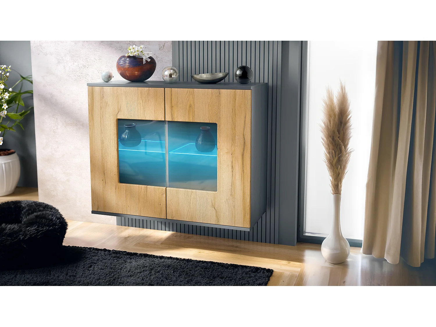 Cassettiera Grömitz V3, Mobile da cucina moderno con 2 grandi ante in vetro incl. illuminazione RGB antracite opaco  / rovere naturale (92,5 x 73.5 x 35)