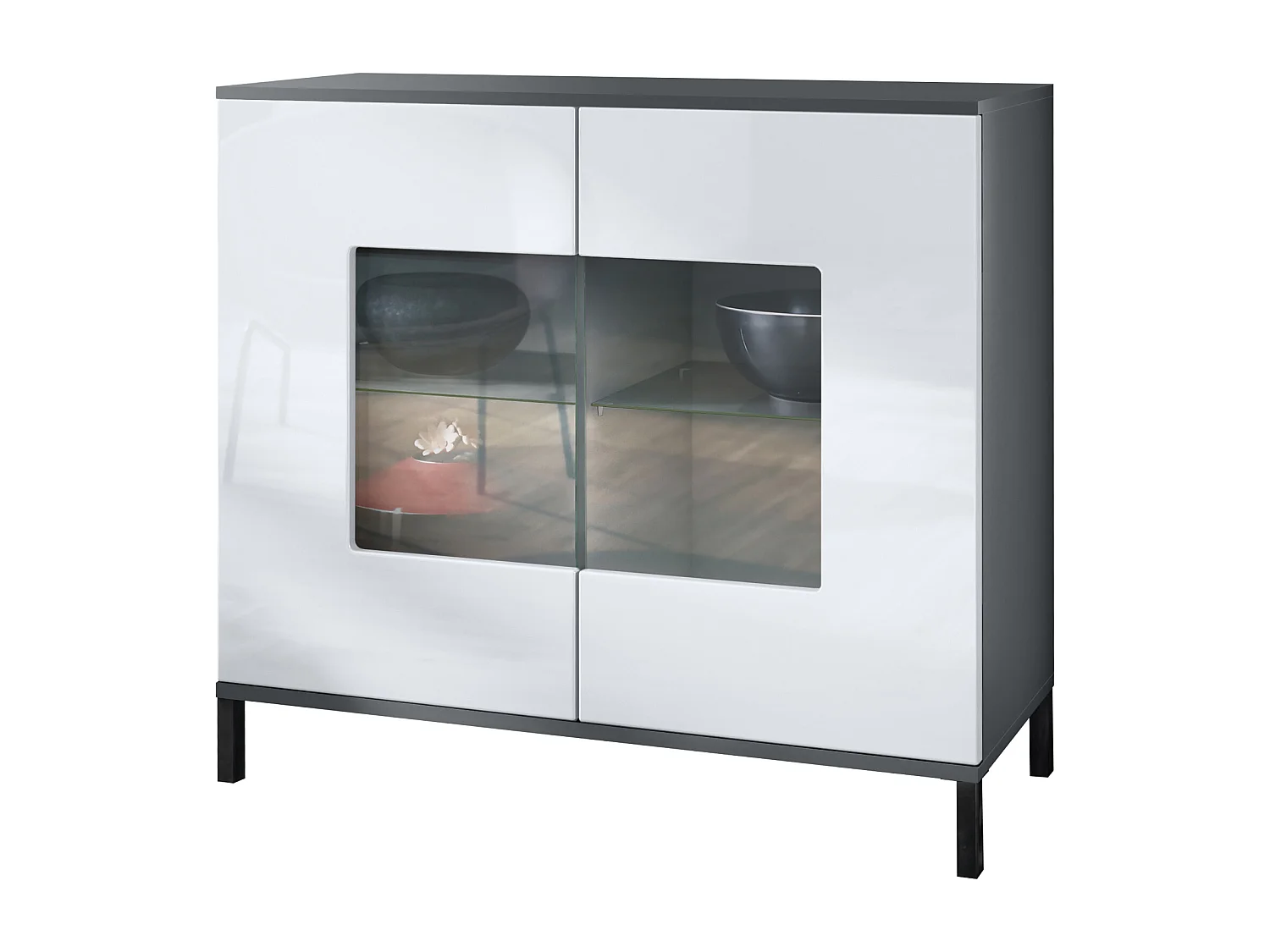 Commode Grömitz V3, Armoire de cuisine moderne avec 2 grandes portes vitrées anthracite mat / blanc haute brillance (92,5 x 83.5 x 35)