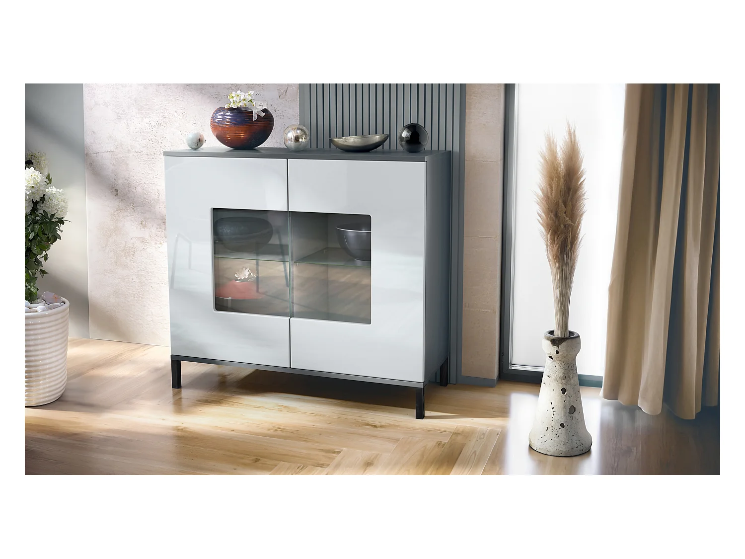 Commode Grömitz V3, Armoire de cuisine moderne avec 2 grandes portes vitrées anthracite mat / blanc haute brillance (92,5 x 83.5 x 35)