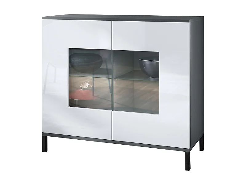Commode Grömitz V3, Armoire de cuisine moderne avec 2 grandes portes vitrées anthracite mat / blanc haute brillance (92,5 x 83.5 x 35)