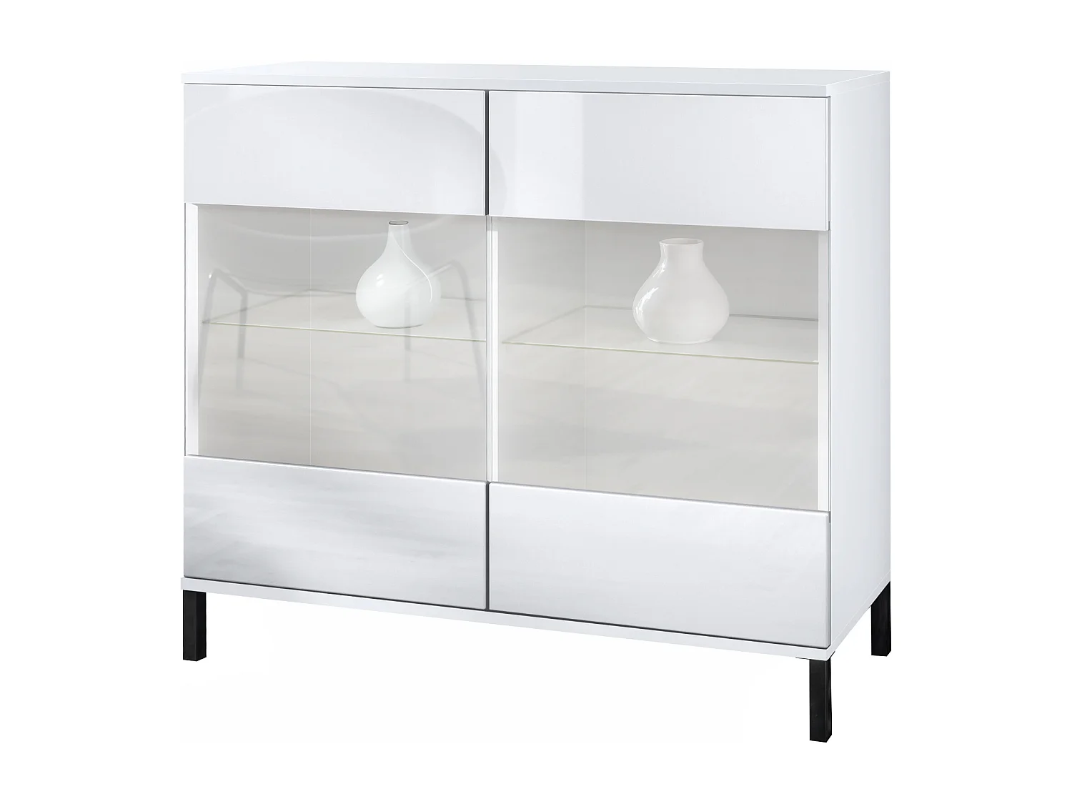 Commode Bari V3, Armoire de cuisine moderne avec 2 grandes portes vitrées blanc mat / blanc haute brillance (92,5 x 83.5 x 35)