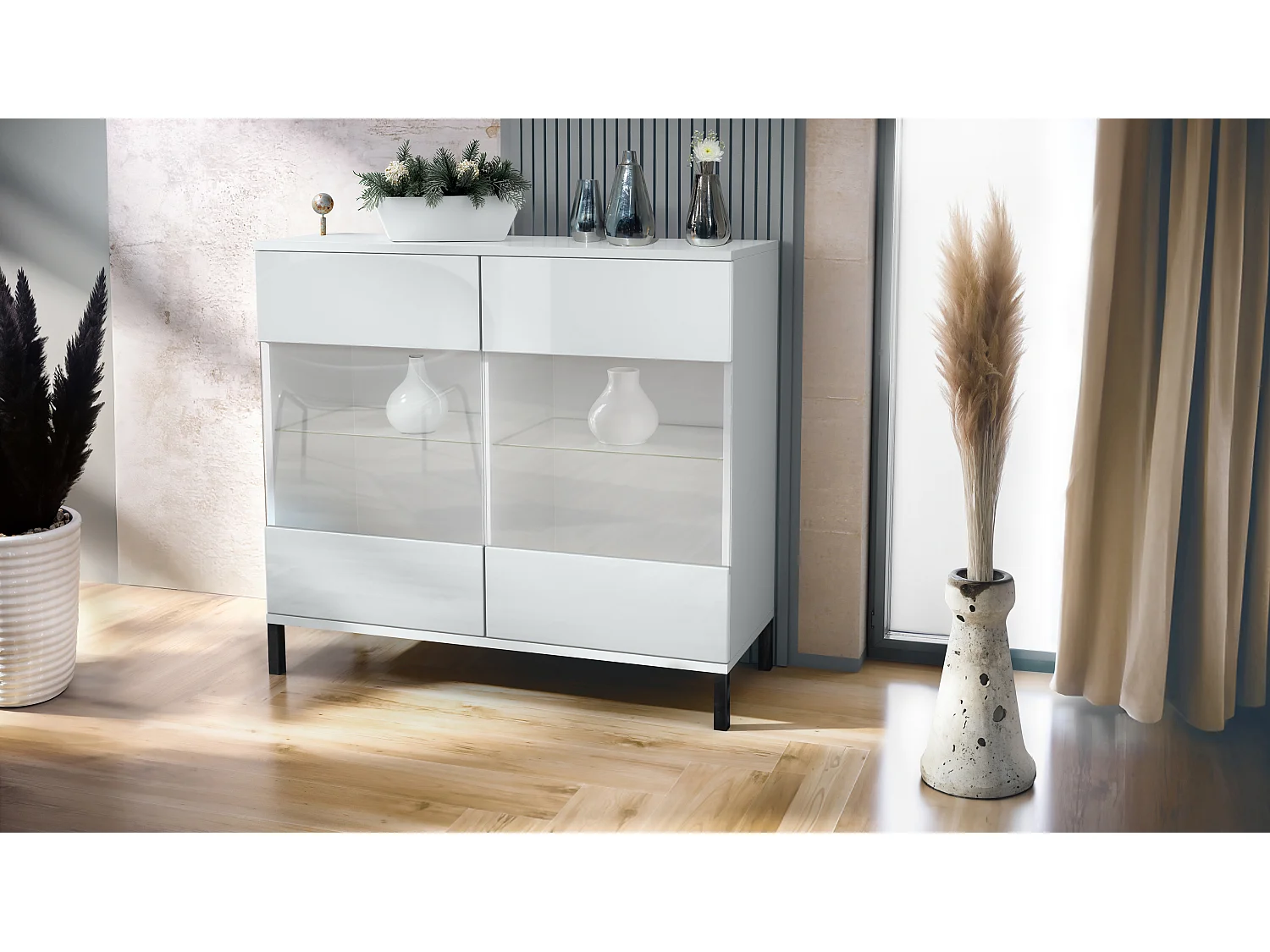 Commode Bari V3, Armoire de cuisine moderne avec 2 grandes portes vitrées blanc mat / blanc haute brillance (92,5 x 83.5 x 35)