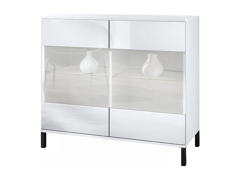Commode Bari V3, Armoire de cuisine moderne avec 2 grandes portes vitrées blanc mat / blanc haute brillance (92,5 x 83.5 x 35)