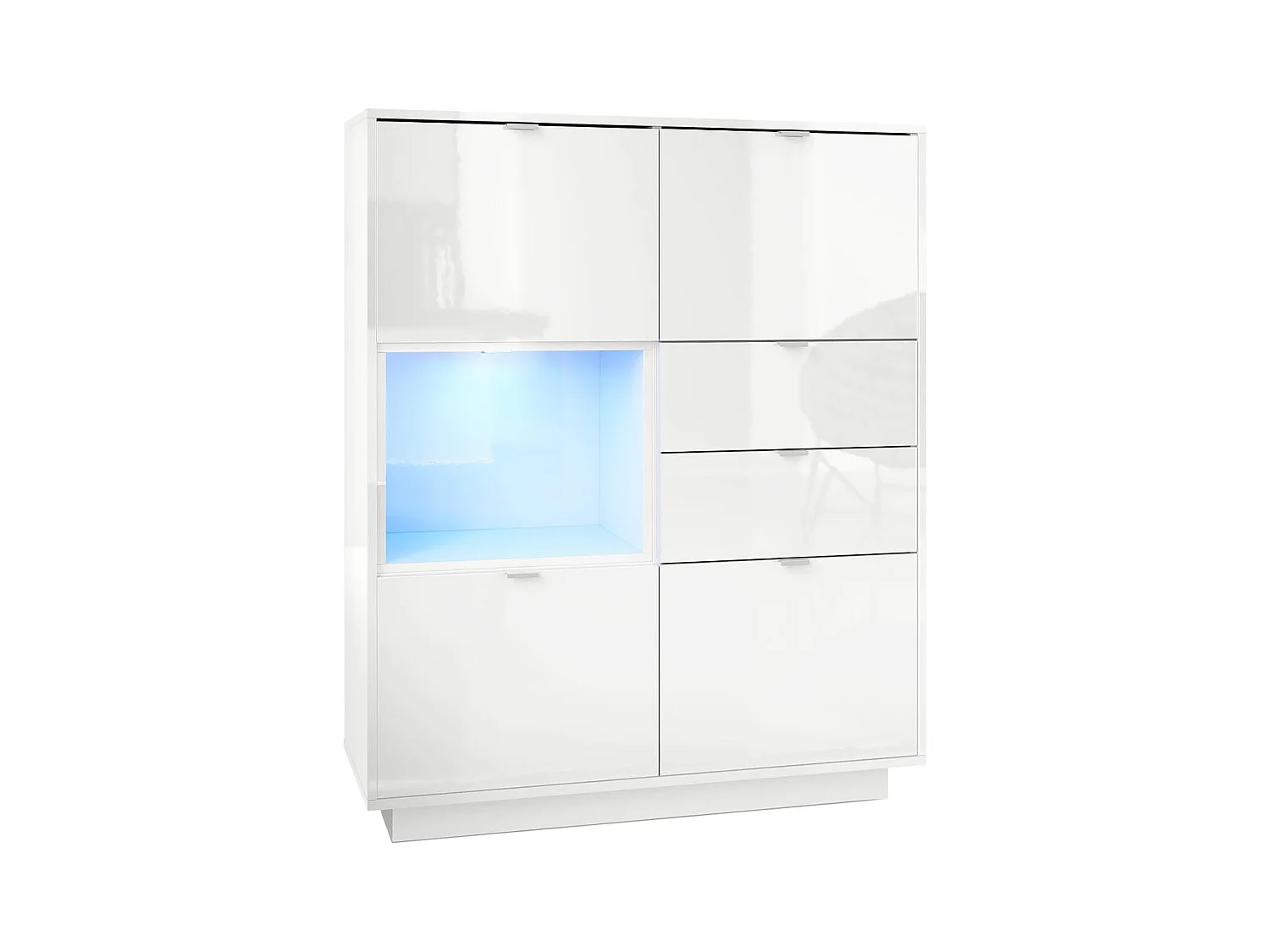 Buffet haut Armoire Metro, Corps en Blanc haute brillance / Façades en Blanc haute brillance avec une insertion en Blanc haute brillance, incl. L'éclairage LED