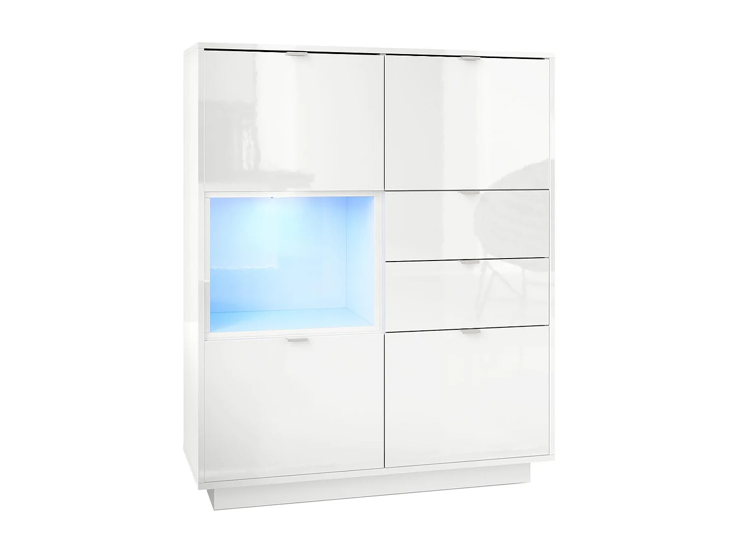 Buffet haut Armoire Metro, Corps en Blanc haute brillance / Façades en Blanc haute brillance avec une insertion en Blanc haute brillance, incl. L'éclairage LED