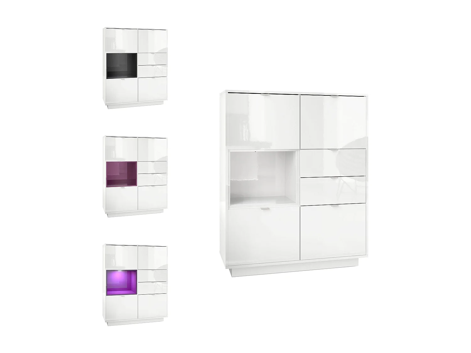 Buffet haut Armoire Metro, Corps en Blanc haute brillance / Façades en Blanc haute brillance avec une insertion en Blanc haute brillance, incl. L'éclairage LED