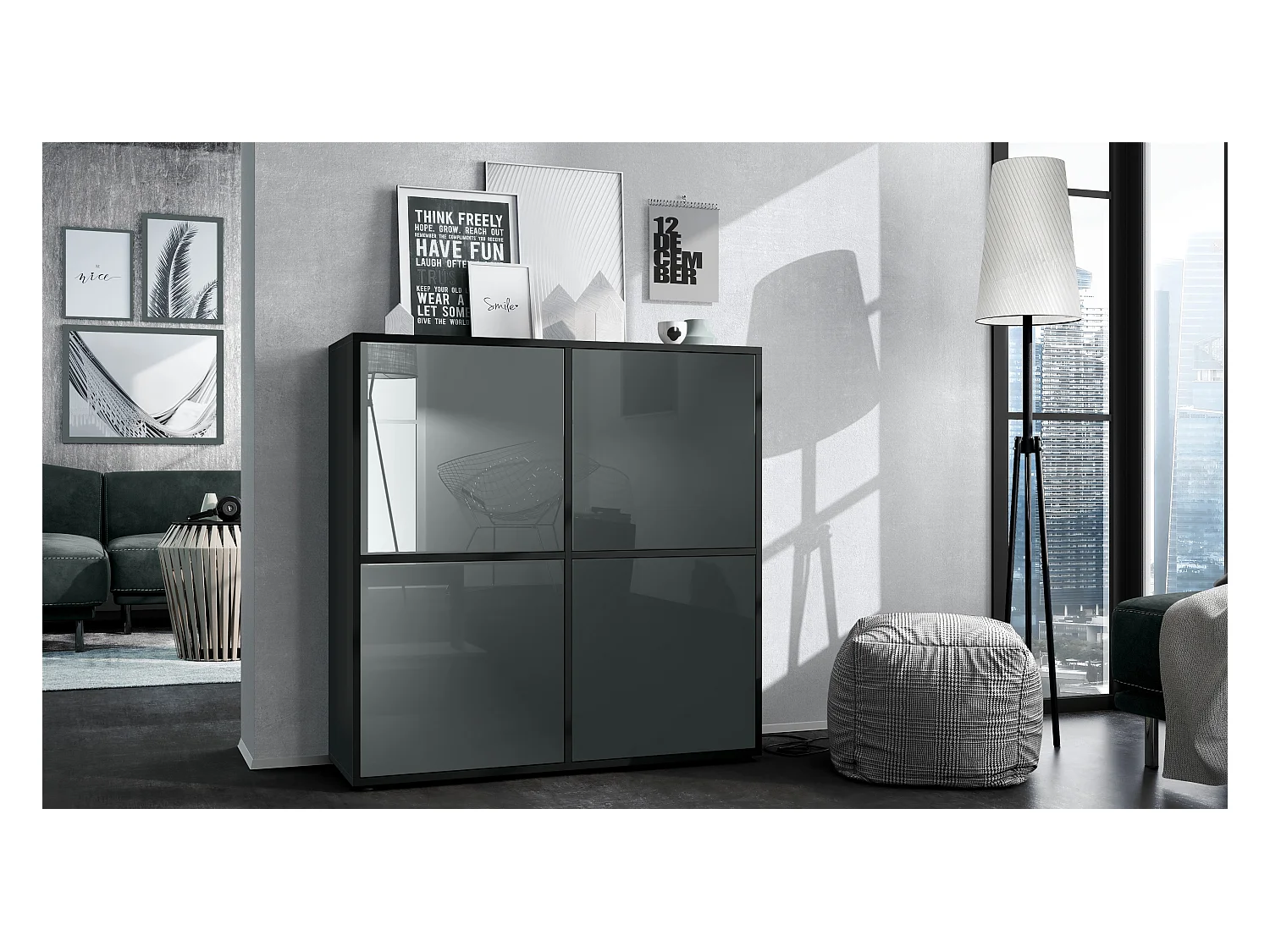 Highboard Cuba V2 Placard 104 x 105,5 x 35,5 cm Buffet à 8 compartiments, caisson en noir mat / façades en Gris laqué haute brillance