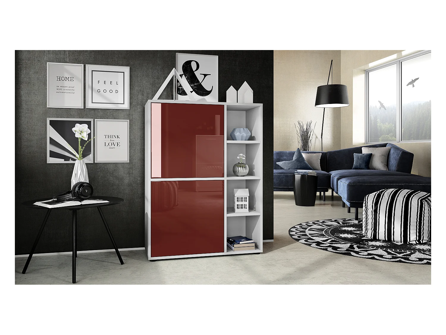 Buffet haut Cuba avec 8 compartiments, caisson en blanc mat / Façades en Bordeaux laqué haute brillance