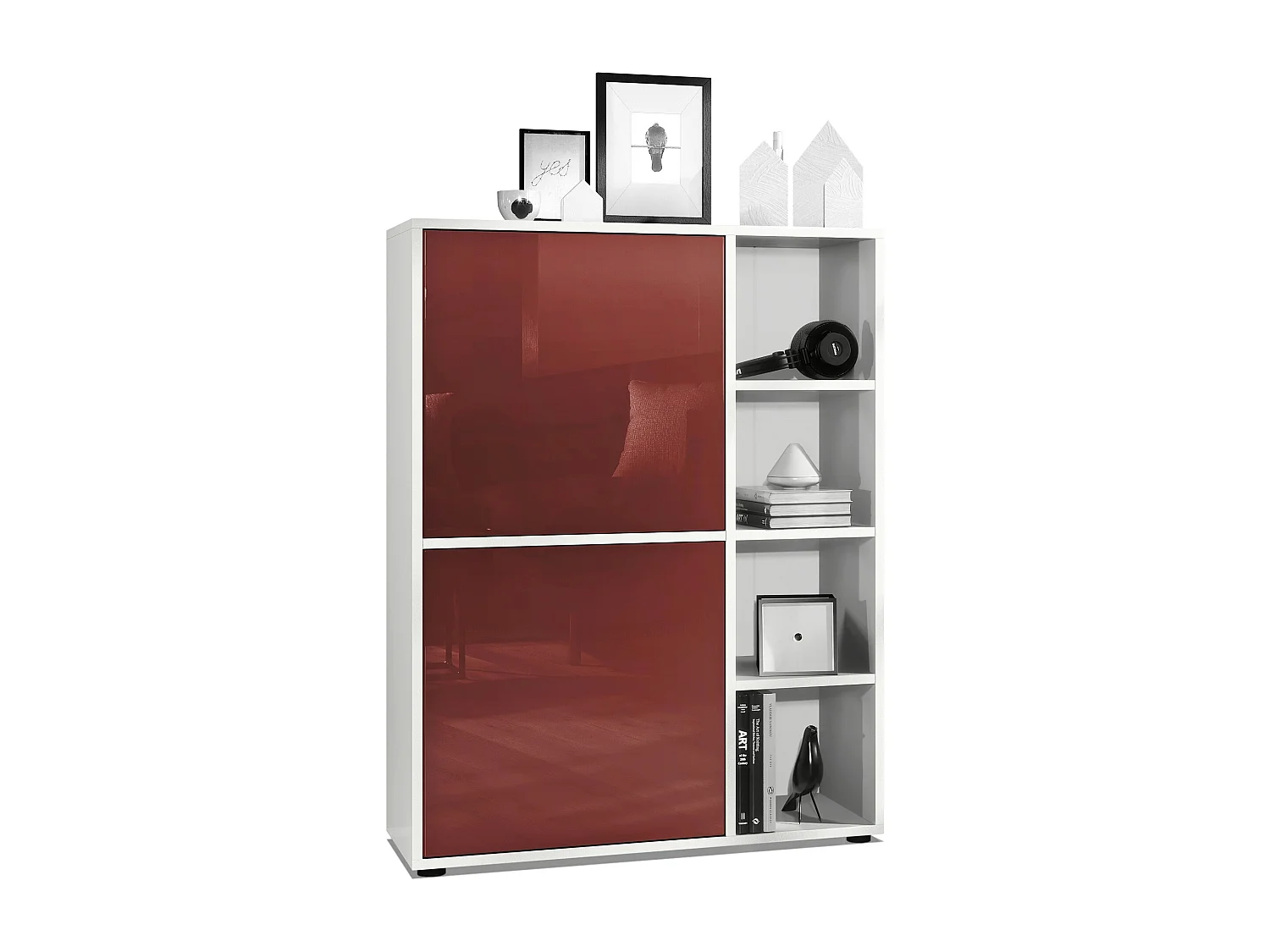 Credenza  Cuba 79 x 105,5 x 35,5 cm Credenza con 8 ripiani, struttura in bianco opaco / ante in bordeaux lucido