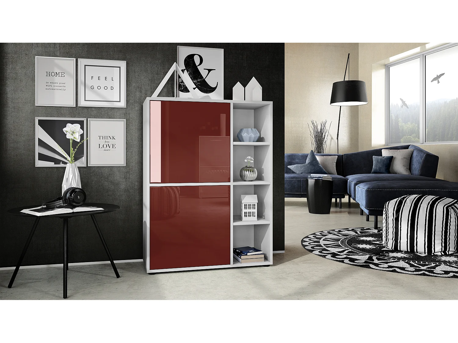 Credenza  Cuba 79 x 105,5 x 35,5 cm Credenza con 8 ripiani, struttura in bianco opaco / ante in bordeaux lucido