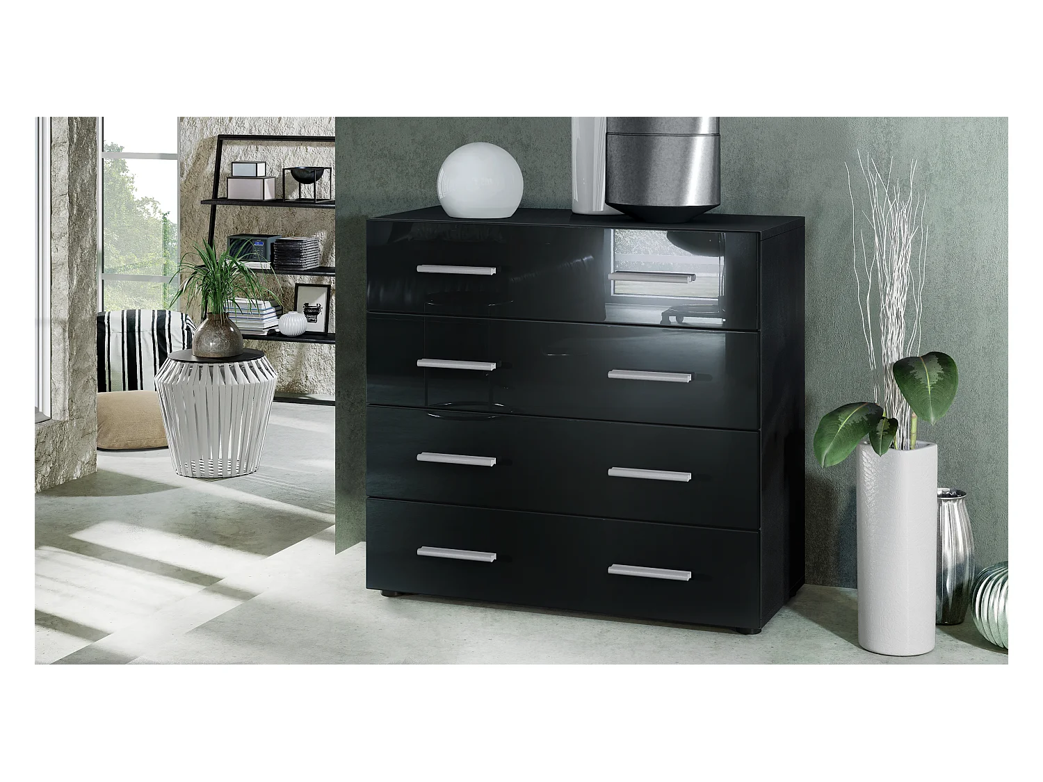 Buffet Pavos, Commode avec 4 tiroirs, noir mat/noir haute brillance (76 x 72 x 35 cm)