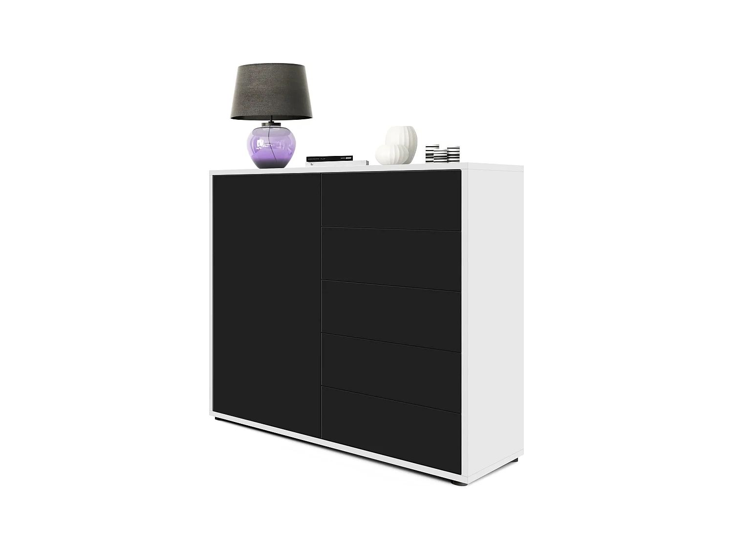 Buffet Ben V2, Commode avec 1 portes et 5 tiroirs, Blanc haute brillance/Noir mat (79 x 74 x 36 cm)
