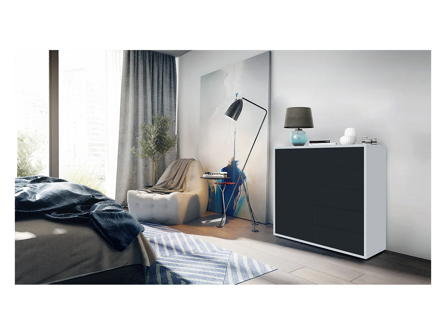 Buffet Ben V2, Commode avec 1 portes et 5 tiroirs, Blanc haute brillance/Noir mat (79 x 74 x 36 cm)