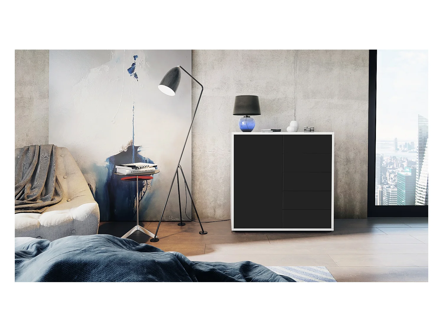 Buffet Ben V2, Commode avec 1 portes et 5 tiroirs, Blanc haute brillance/Noir mat (79 x 74 x 36 cm)