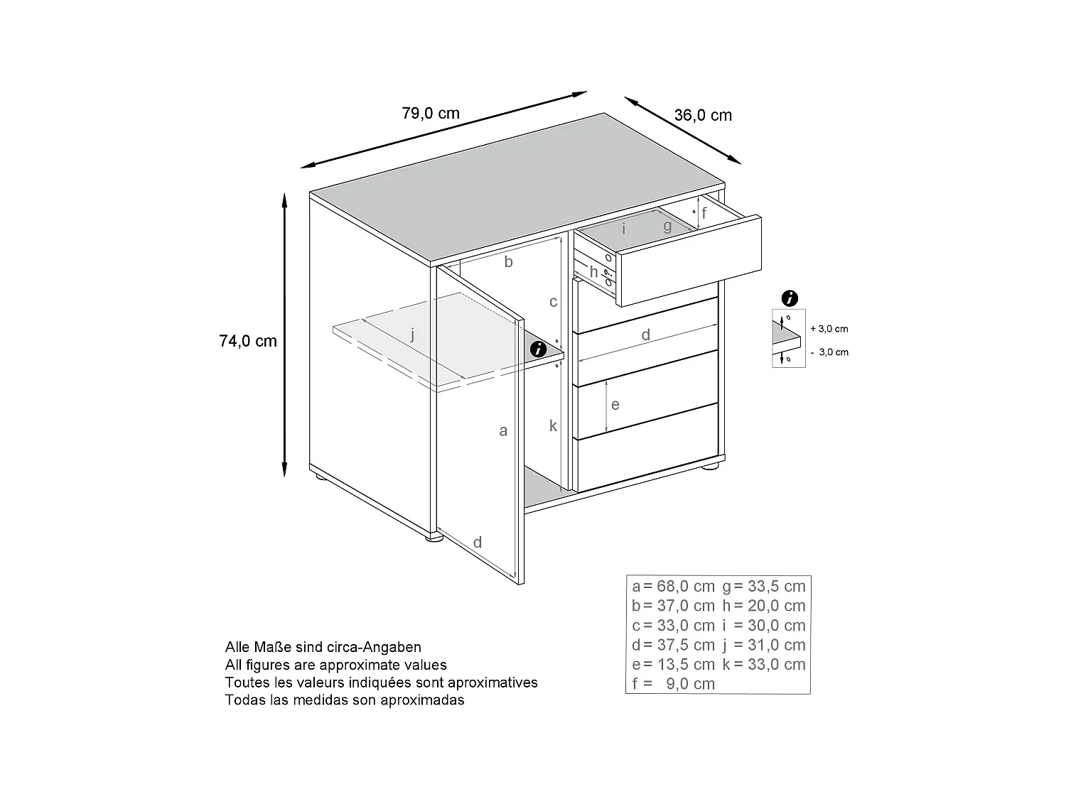 Buffet Ben V2, Commode avec 1 portes et 5 tiroirs, Blanc haute brillance/Noir mat (79 x 74 x 36 cm)
