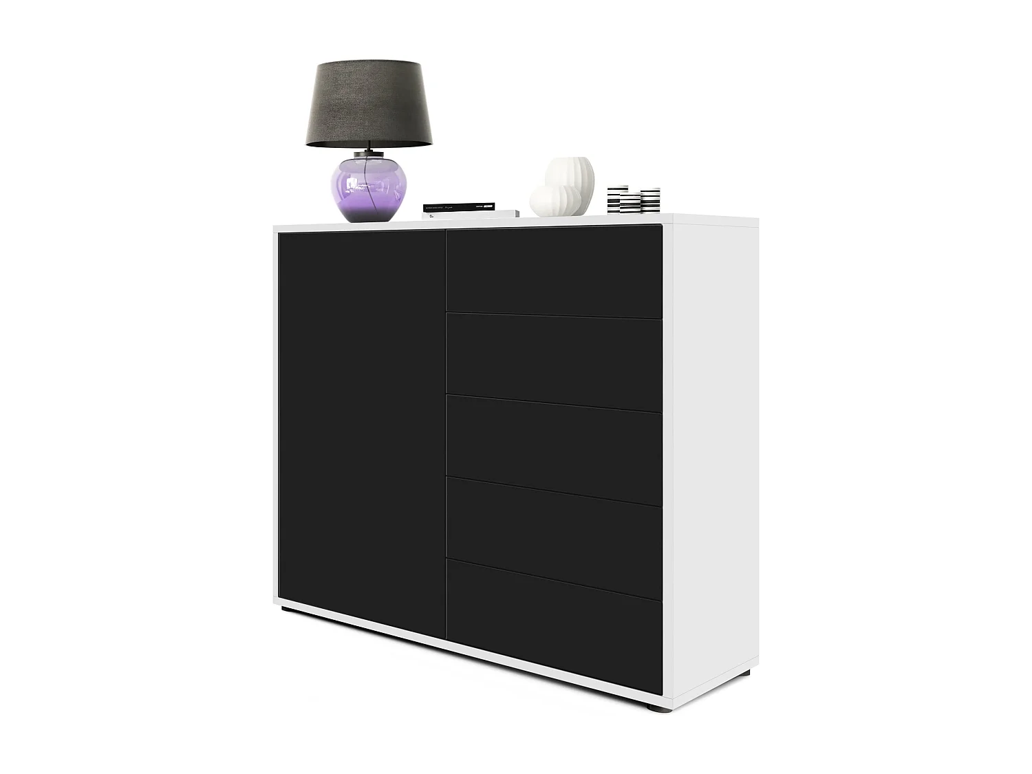 Buffet Ben V2, Commode avec 1 portes et 5 tiroirs, Blanc haute brillance/Noir mat (79 x 74 x 36 cm)