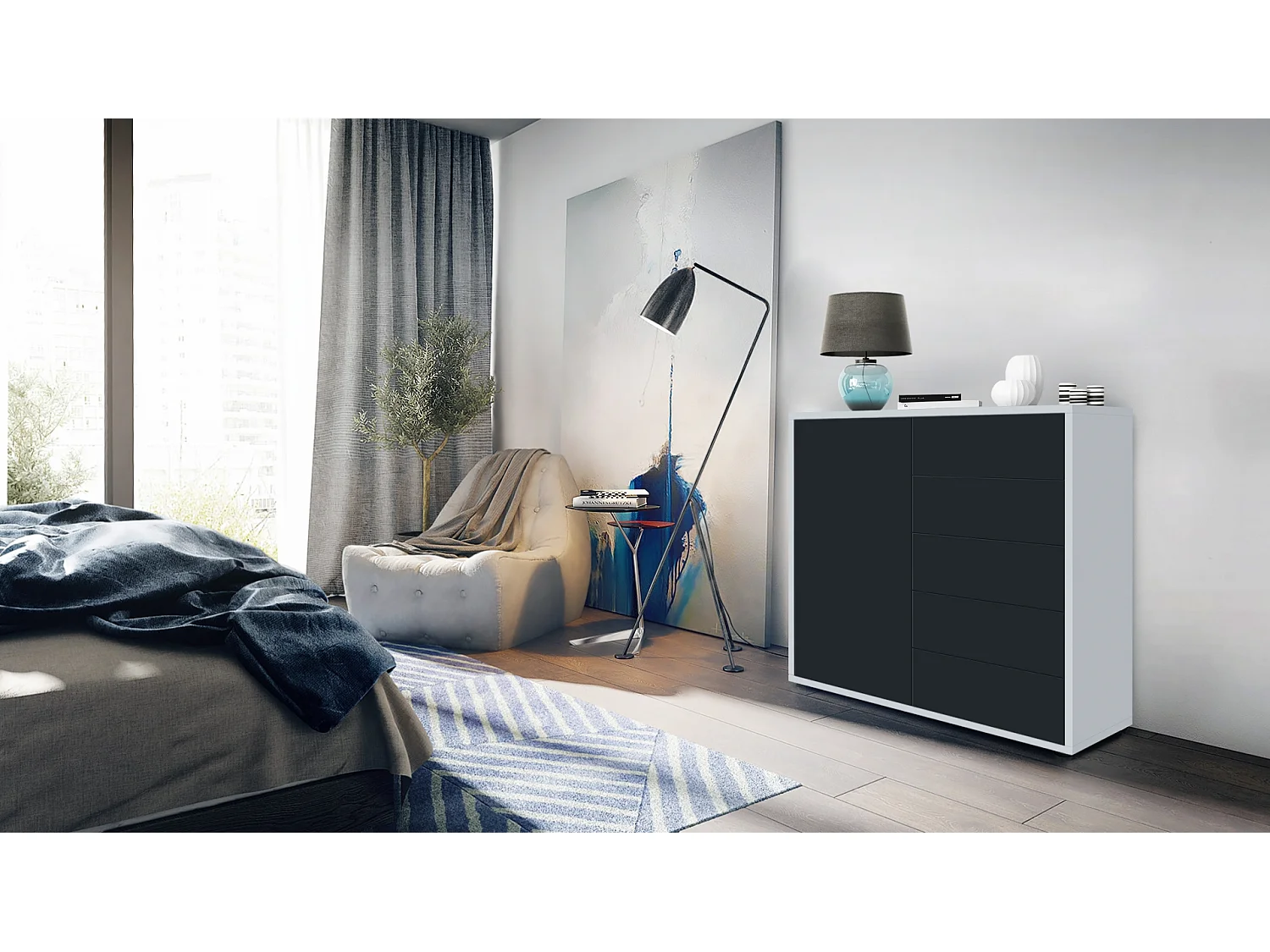 Buffet Ben V2, Commode avec 1 portes et 5 tiroirs, Blanc haute brillance/Noir mat (79 x 74 x 36 cm)