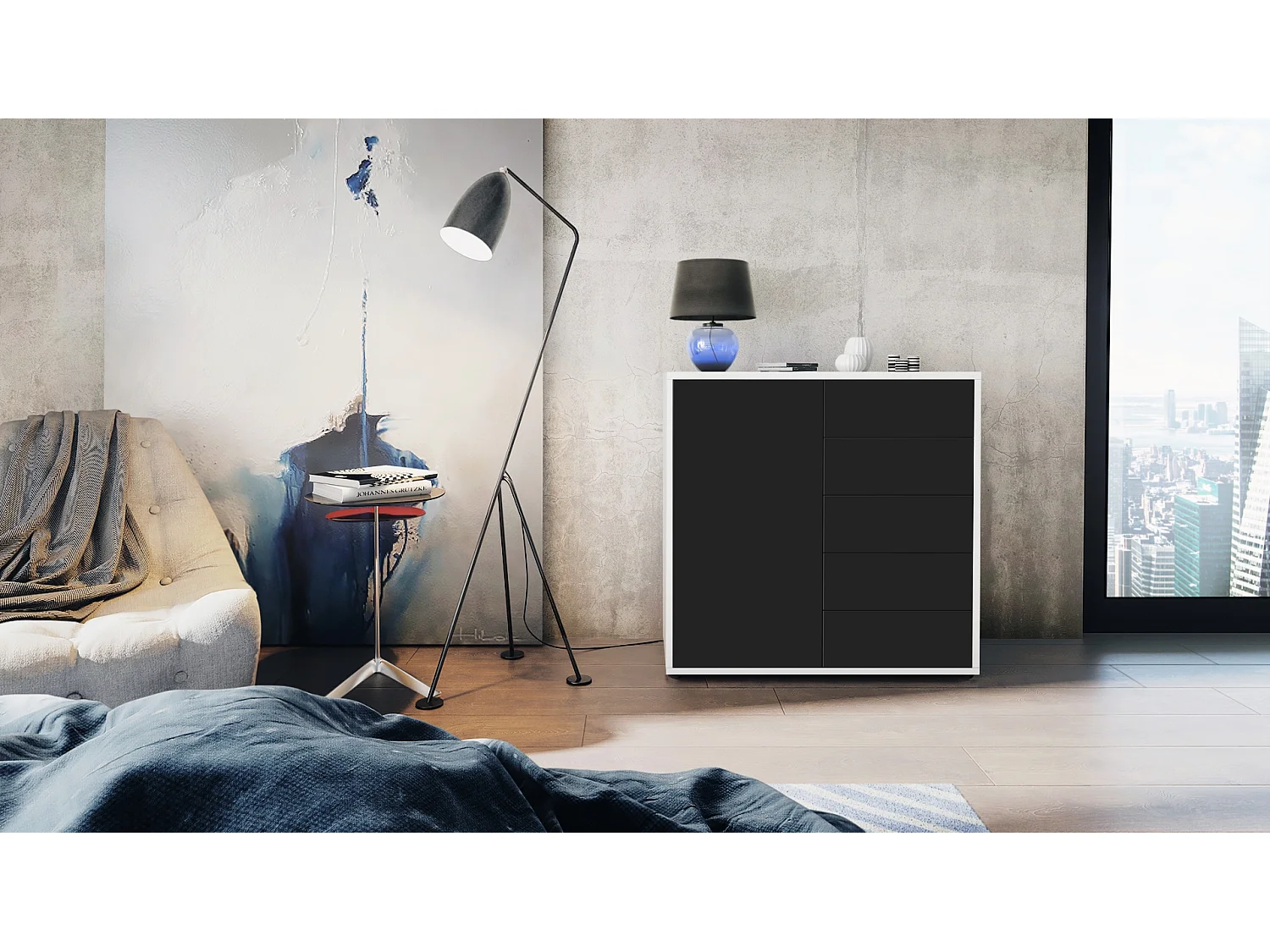 Buffet Ben V2, Commode avec 1 portes et 5 tiroirs, Blanc haute brillance/Noir mat (79 x 74 x 36 cm)