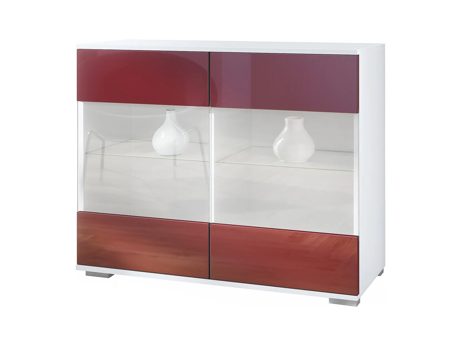 Commode Bari V3, Armoire de cuisine moderne avec 2 grandes portes vitrées blanc mat / bordeaux haute brillance (92,5 x 75.5 x 35)