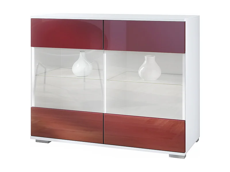 Commode Bari V3, Armoire de cuisine moderne avec 2 grandes portes vitrées blanc mat / bordeaux haute brillance (92,5 x 75.5 x 35)