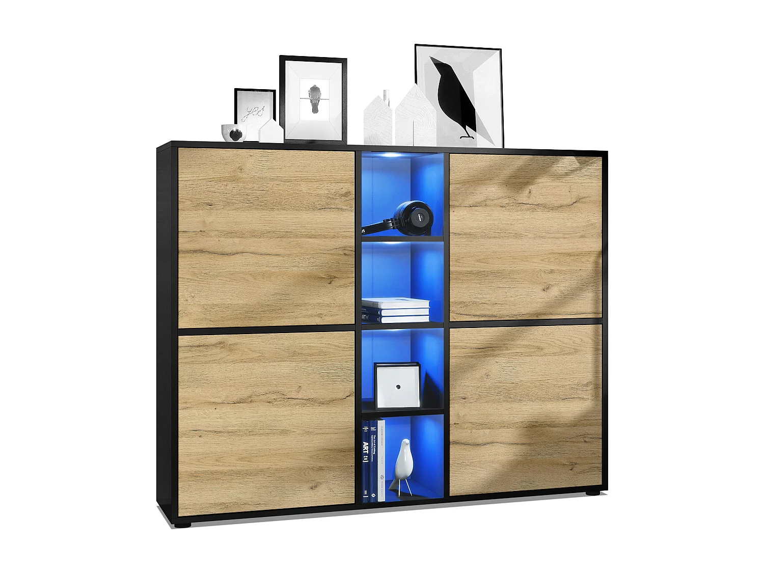 Highboard Cuba V3, noir mat/chêne nature y compris LED - Buffet moderne à 12 compartiments (130,5 x 105,5 x 35,5 cm)