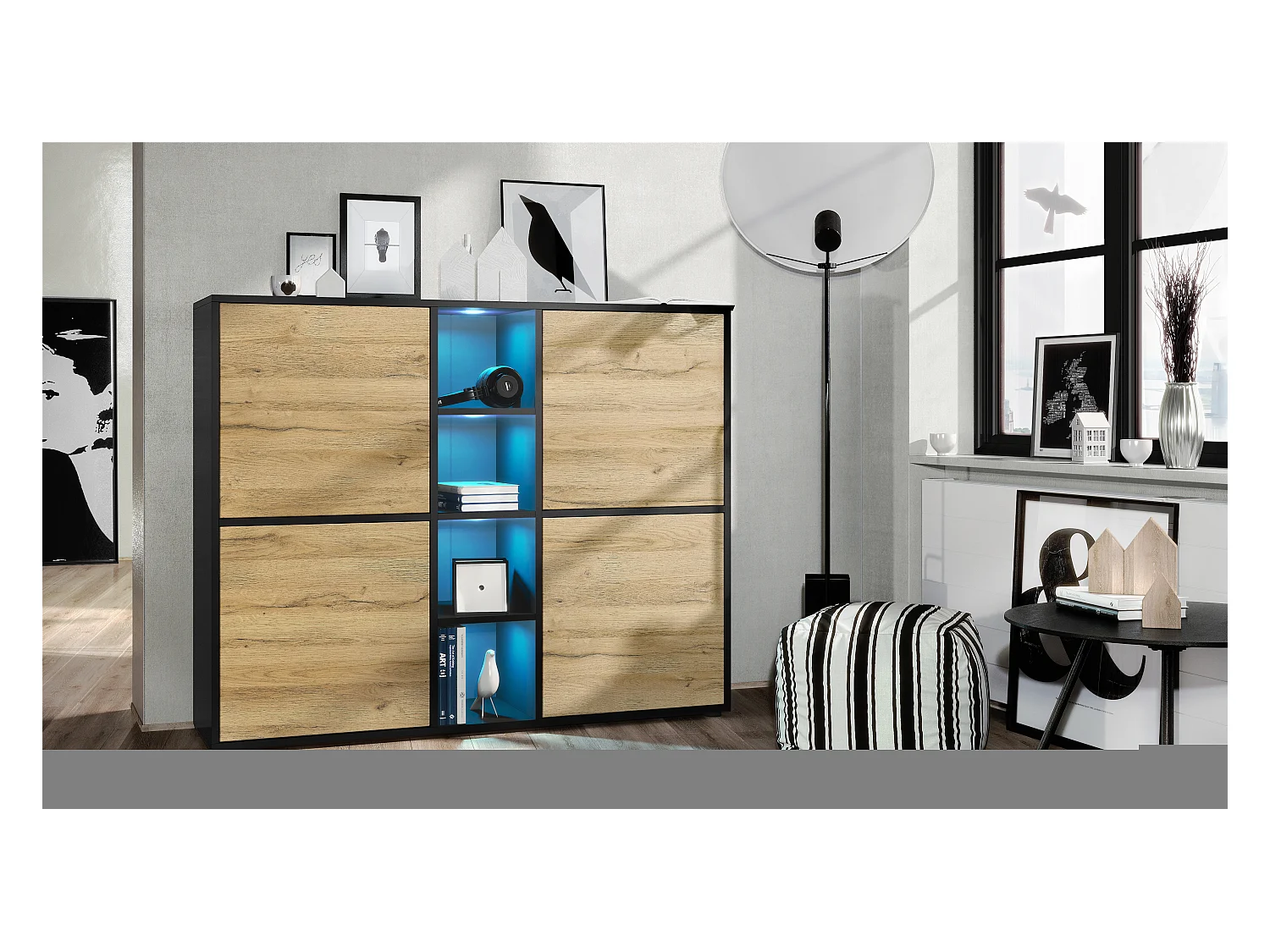 Highboard Cuba V3, noir mat/chêne nature y compris LED - Buffet moderne à 12 compartiments (130,5 x 105,5 x 35,5 cm)