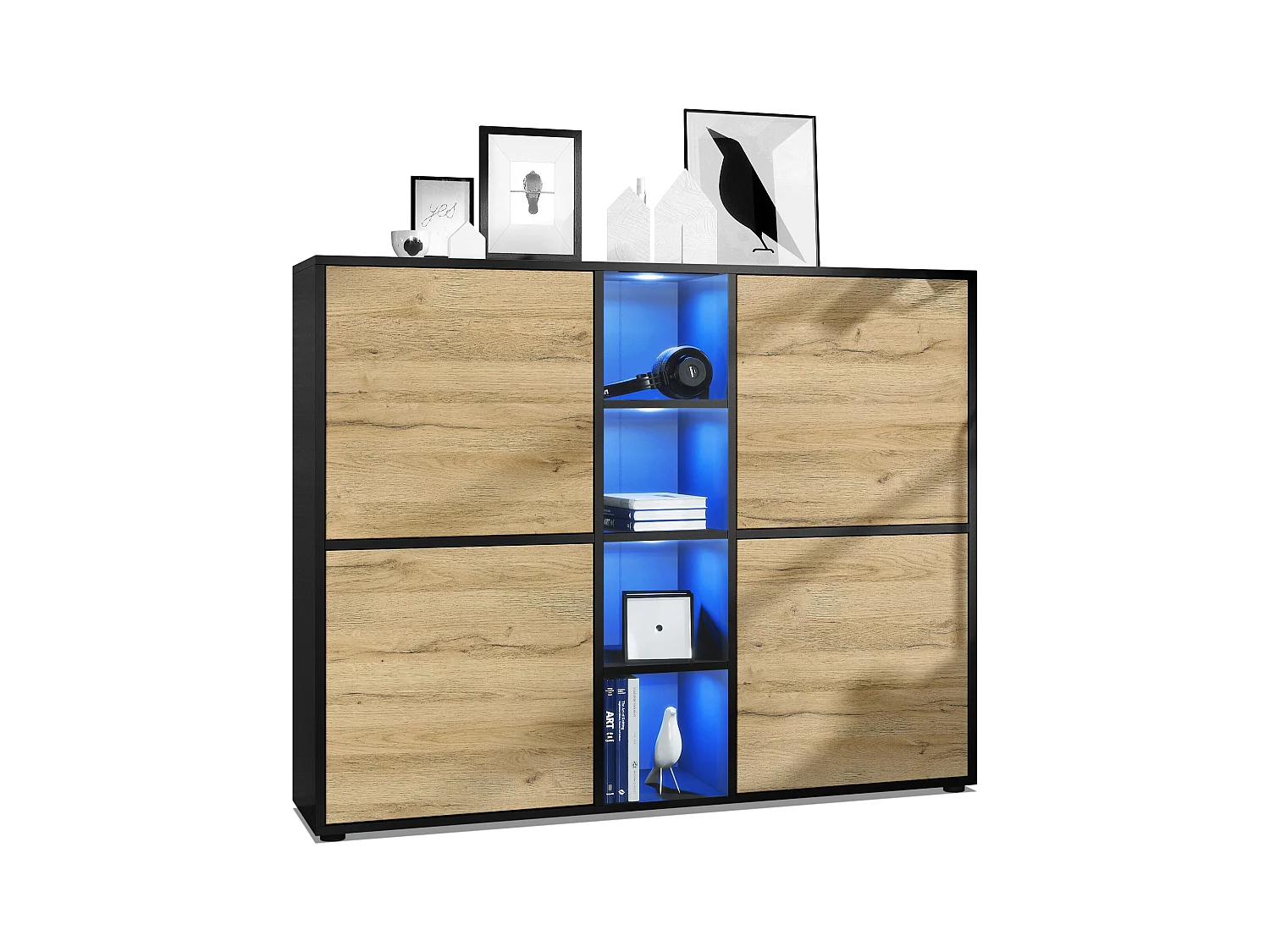 Highboard Cuba V3, noir mat/chêne nature y compris LED - Buffet moderne à 12 compartiments (130,5 x 105,5 x 35,5 cm)