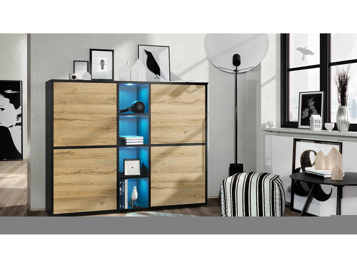 Highboard Cuba V3, noir mat/chêne nature y compris LED - Buffet moderne à 12 compartiments (130,5 x 105,5 x 35,5 cm)