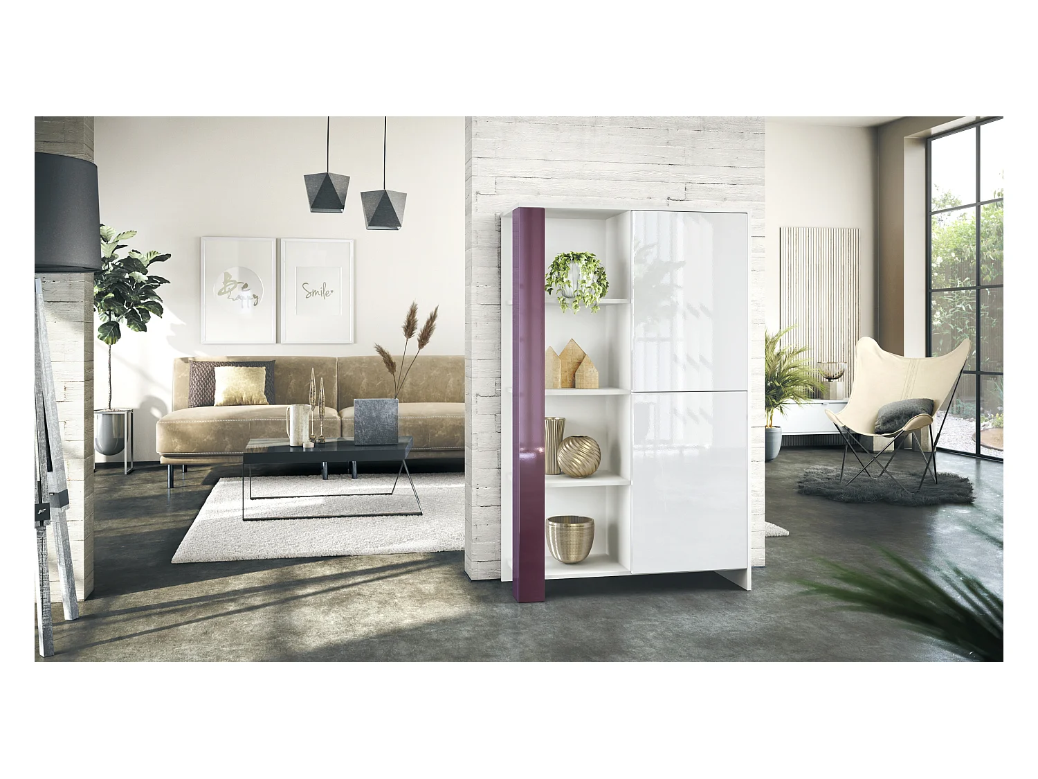 Buffet Haut Canto, meuble haut avec 2 portes et 8 compartiments, corps blanc mat, façades blanc brillant, panneaux décoratifs mûre brillant (95 x 151,5 x 36 cm)