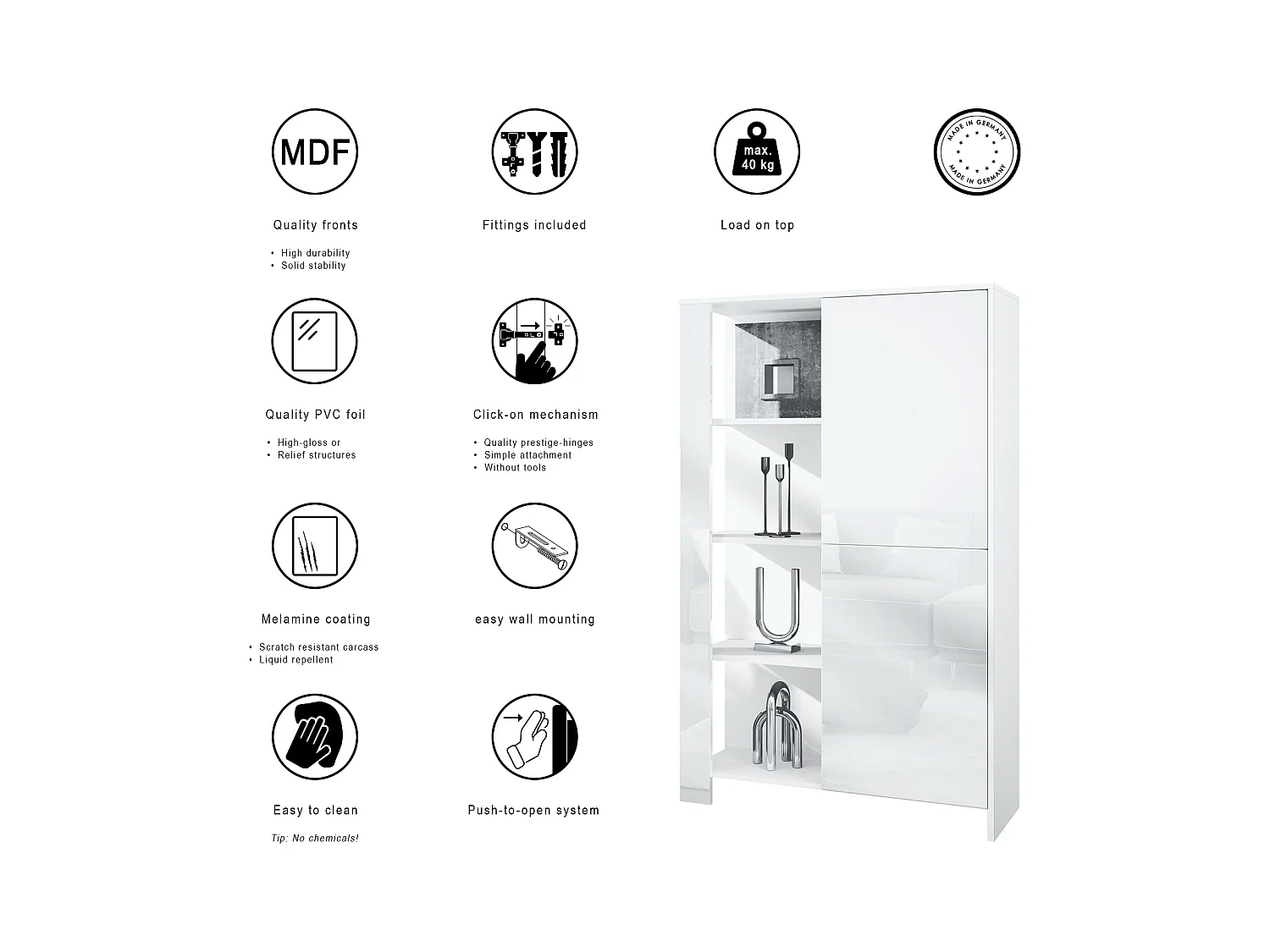 Buffet Haut Canto, meuble haut avec 2 portes et 8 compartiments, corps blanc mat, façades blanc brillant, panneaux décoratifs mûre brillant (95 x 151,5 x 36 cm)