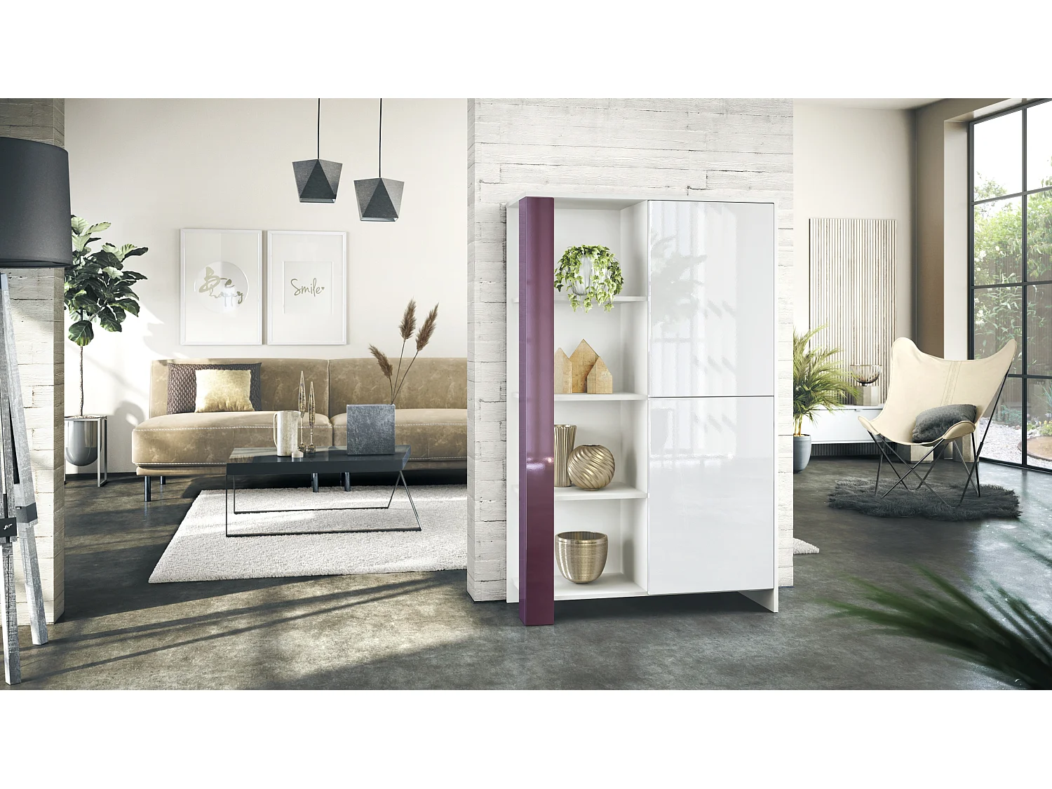 Credenza Canto, credenza alta a 2 ante e 8 scomparti, mobile bianco opaco, frontali bianchi lucidi, pannelli decorativi violetto porpora lucido (95 x 151,5 x 36 cm)