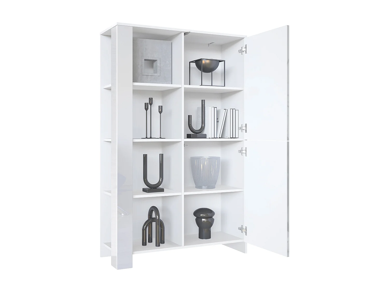 Credenza Canto, credenza alta a 2 ante e 8 scomparti, mobile bianco opaco, frontali bianchi lucidi, pannelli decorativi violetto porpora lucido (95 x 151,5 x 36 cm)