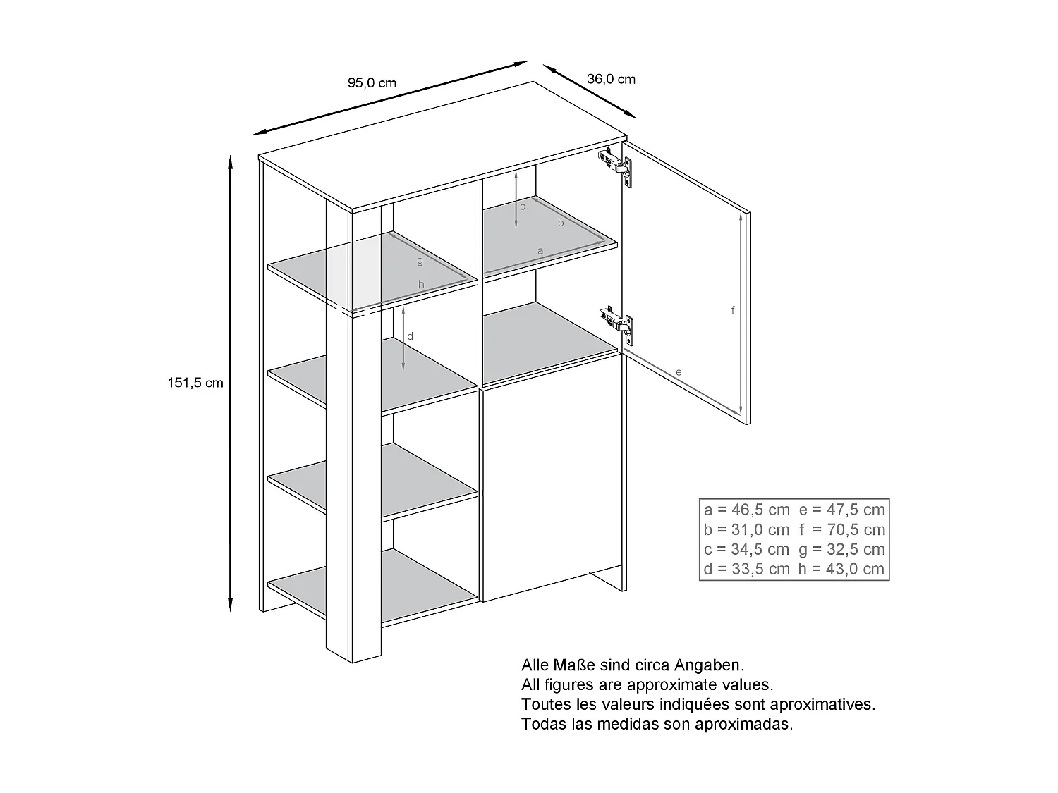 Credenza Canto, credenza alta a 2 ante e 8 scomparti, mobile bianco opaco, frontali bianchi lucidi, pannelli decorativi violetto porpora lucido (95 x 151,5 x 36 cm)
