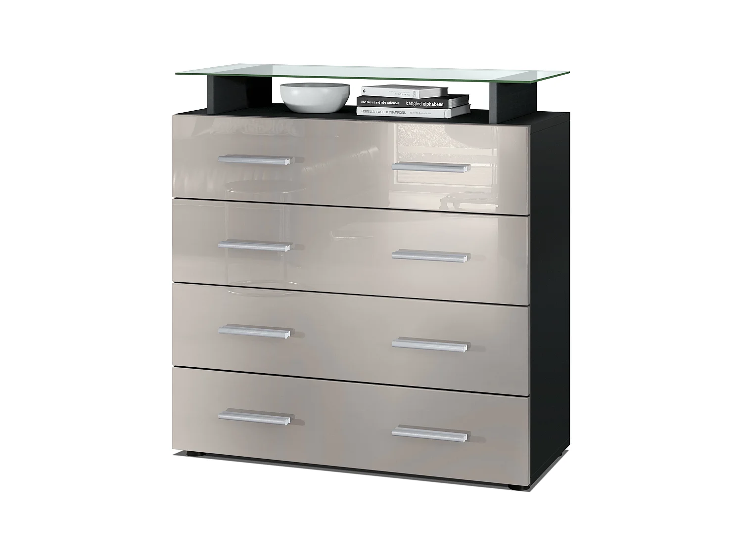 Buffet Pavos V2, Commode avec 4 tiroirs et mini-étagère en verre, noir mat/gris sable haute brillance (76 x 81 x 35 cm)