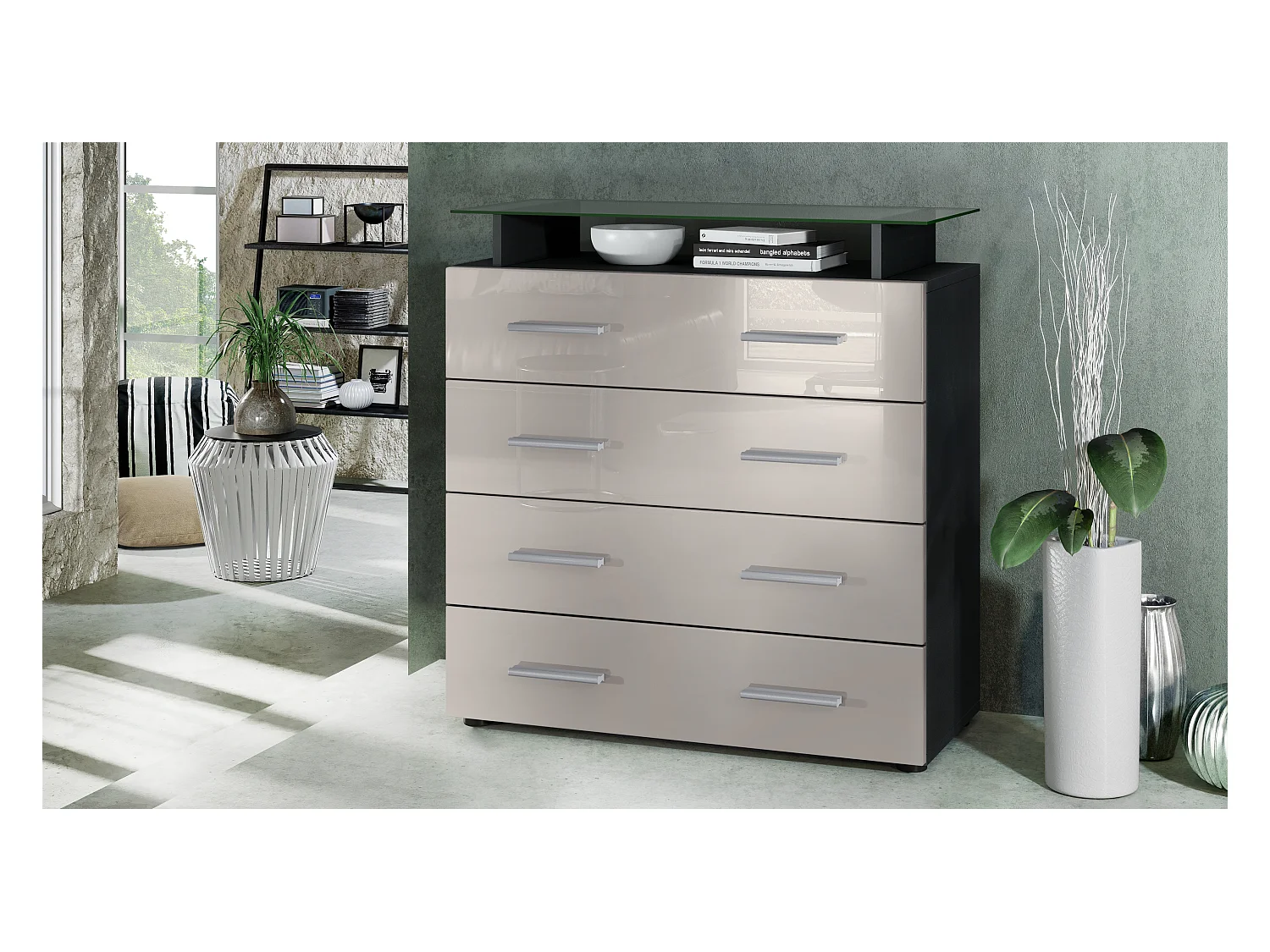 Buffet Pavos V2, Commode avec 4 tiroirs et mini-étagère en verre, noir mat/gris sable haute brillance (76 x 81 x 35 cm)
