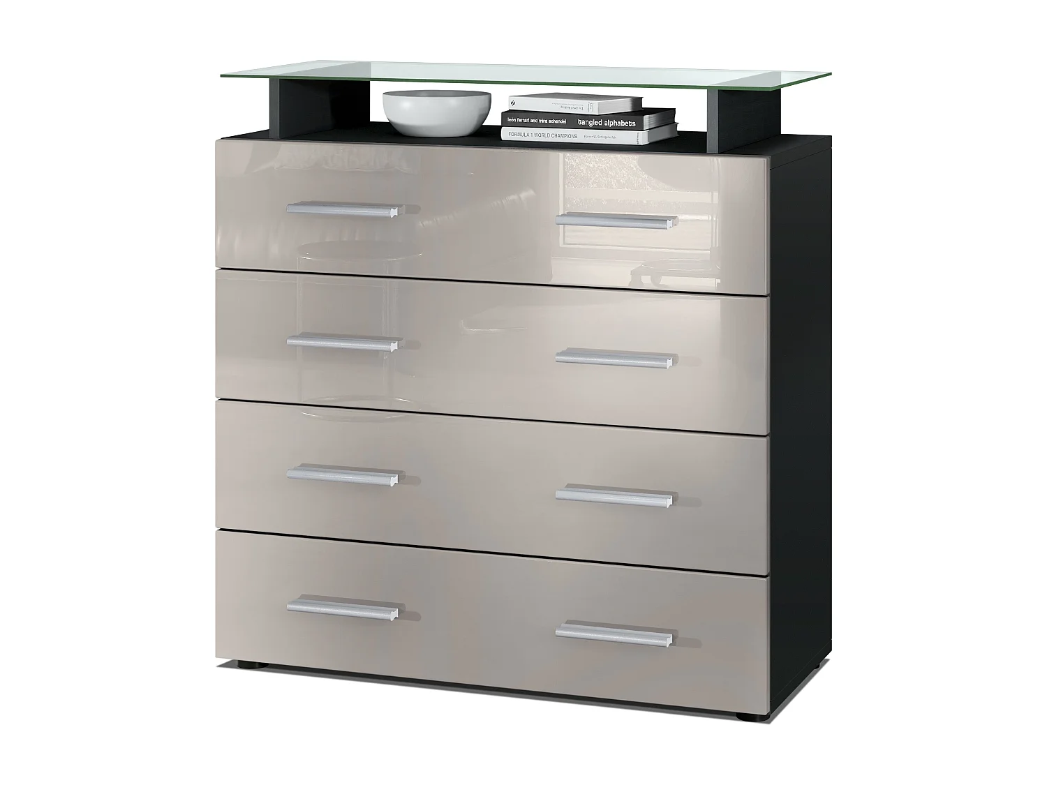 Vladon Madia Pavos V2, Mobile con 4 cassetti e ripiano in vetro, nero opaco/grigio sabbia lucido (76 x 81 x 35 cm)