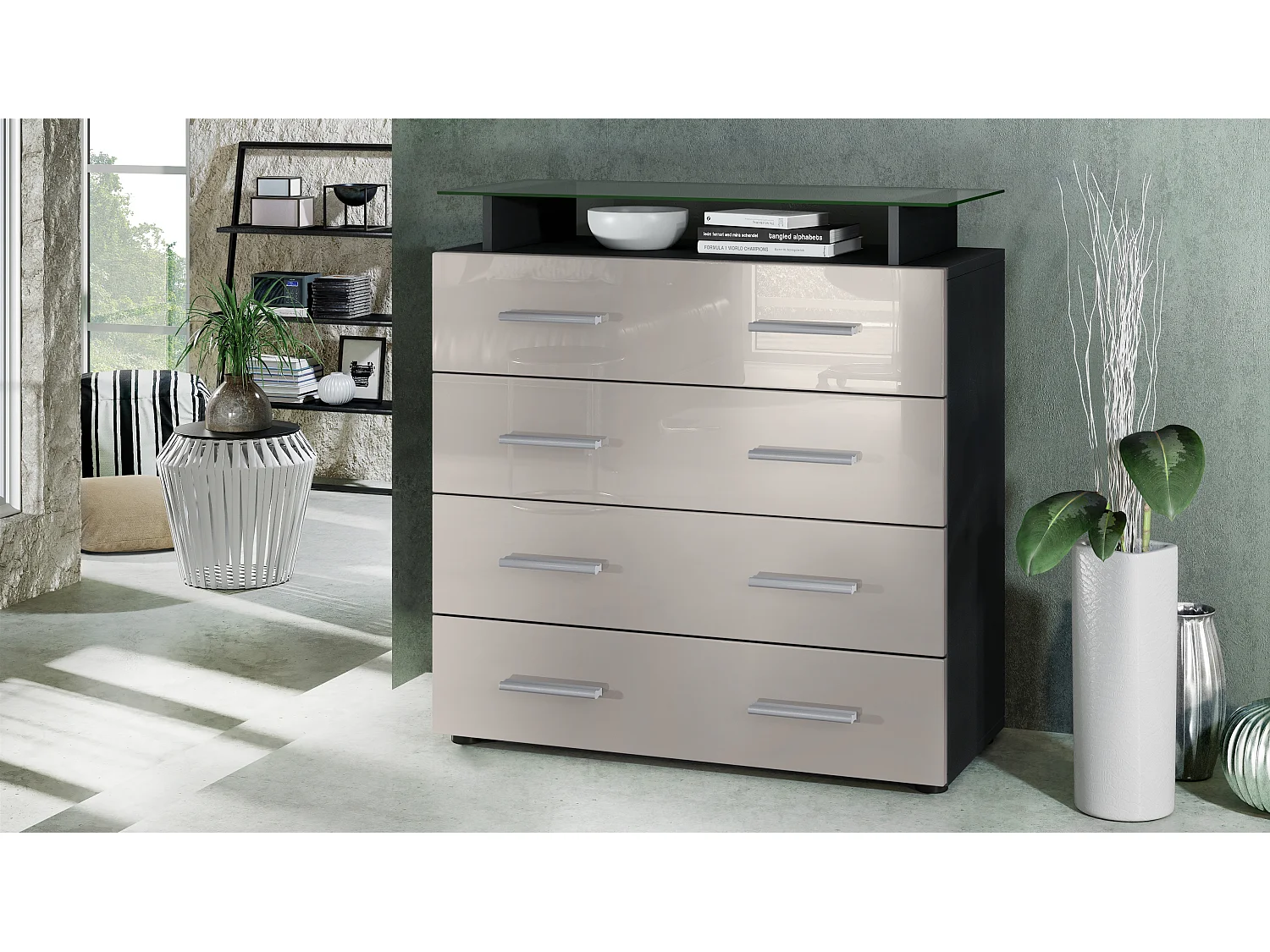 Vladon Madia Pavos V2, Mobile con 4 cassetti e ripiano in vetro, nero opaco/grigio sabbia lucido (76 x 81 x 35 cm)