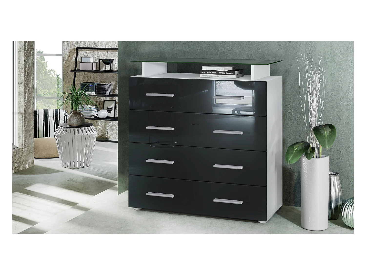 Buffet Pavos V2, Commode avec 4 tiroirs et mini-étagère en verre, blanc mat/noir haute brillance (76 x 81 x 35 cm)