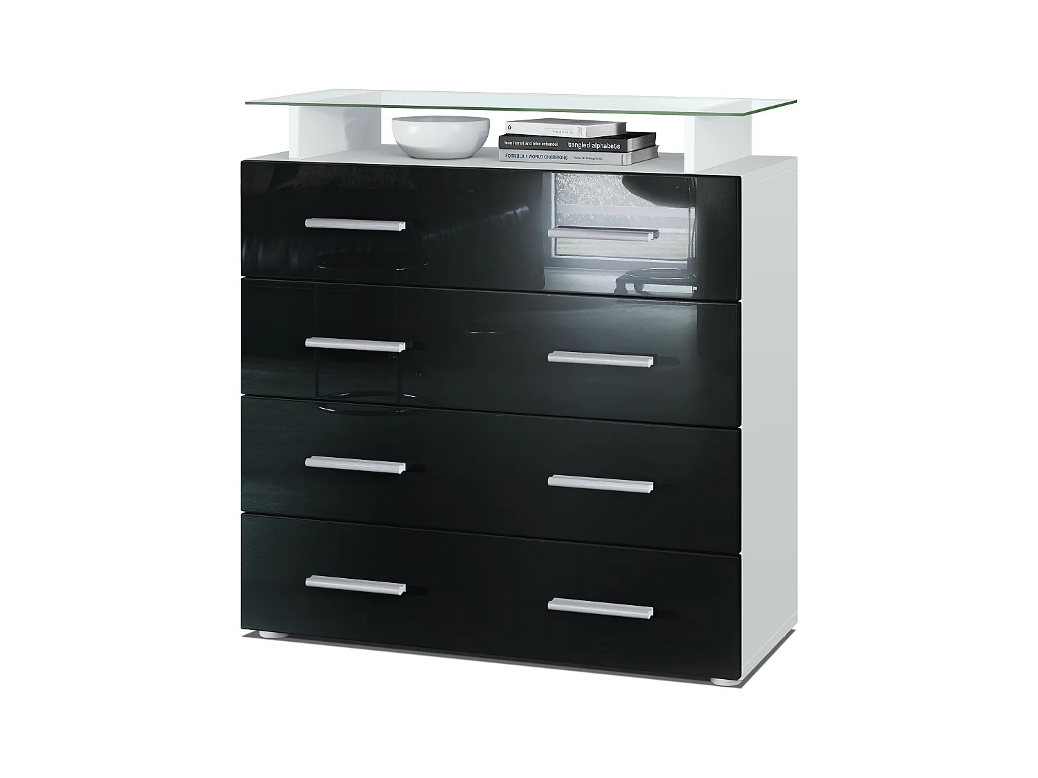Buffet Pavos V2, Commode avec 4 tiroirs et mini-étagère en verre, blanc mat/noir haute brillance (76 x 81 x 35 cm)