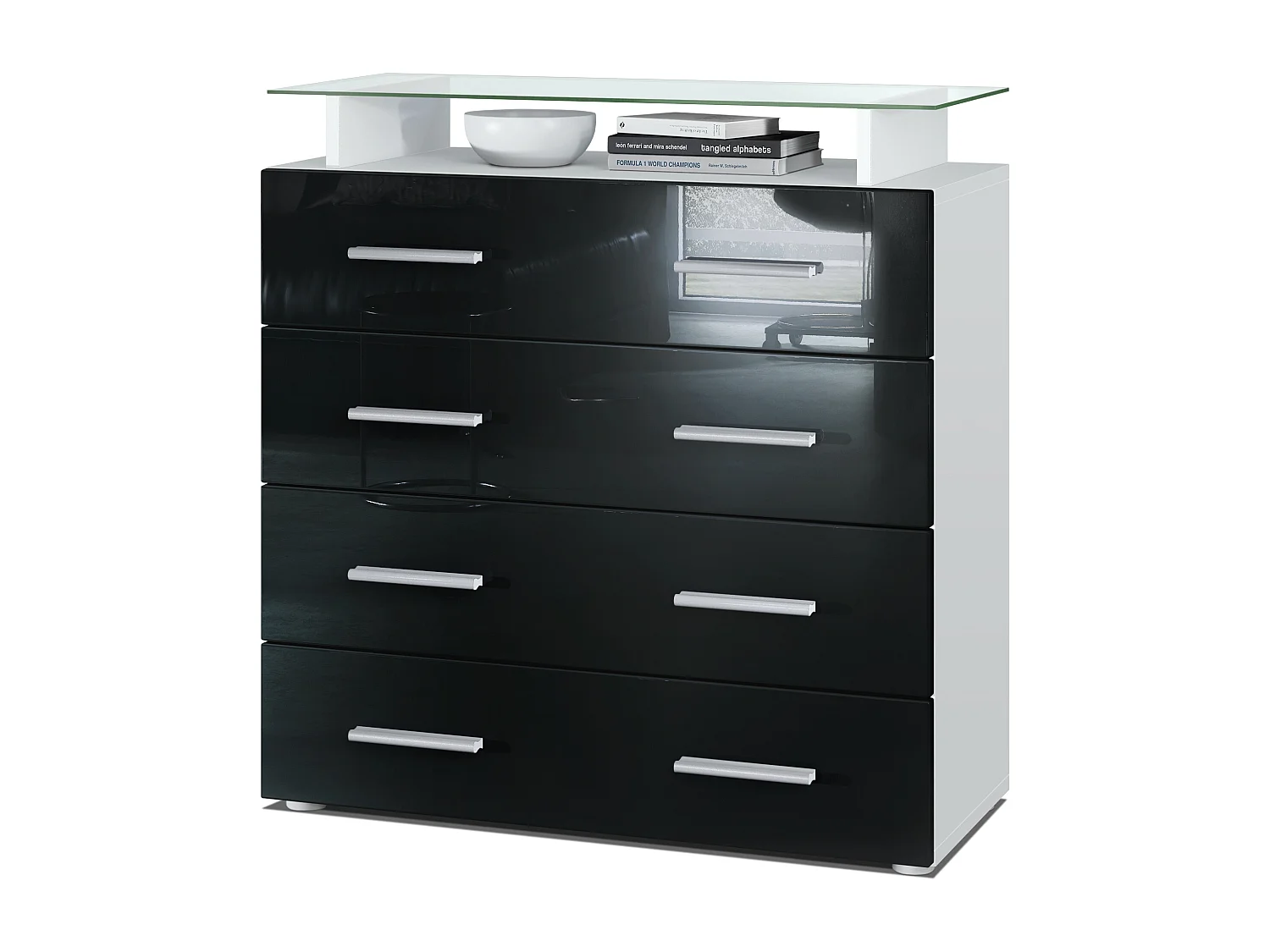 Buffet Pavos V2, Commode avec 4 tiroirs et mini-étagère en verre, blanc mat/noir haute brillance (76 x 81 x 35 cm)