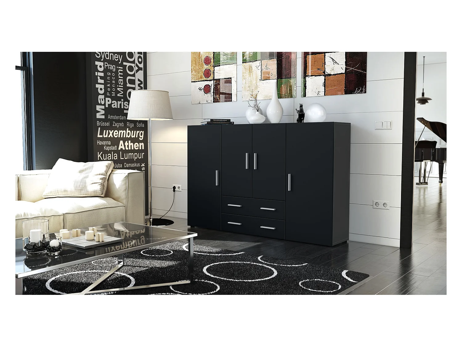 Le Buffet Haut Nora bahut avec 2 tiroirs et 4 portes avec un total de 8 compartiments derrière, anthracite mat/noir mat (166,5 x 106,5 x 35 cm)