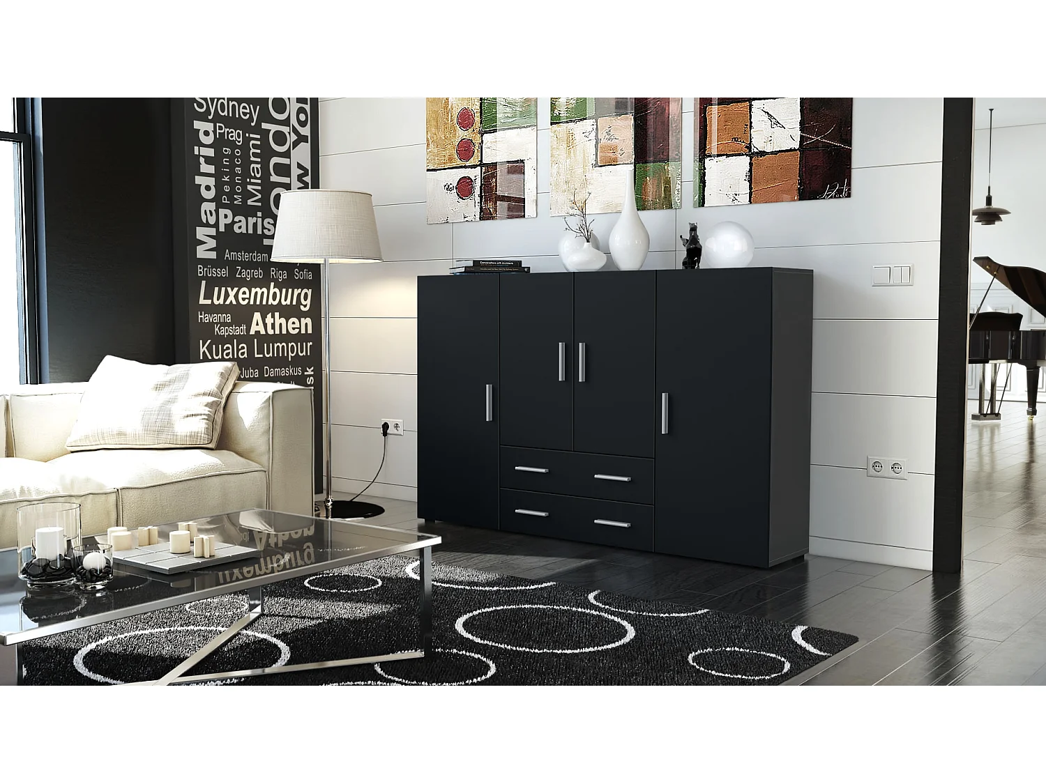 Highboard Nora Sideboard with 2 drawers and 4 doors with a total of 8 compartments behind, antracite opaco /nero opaco (166.5 x 106.5 x 35 cm)