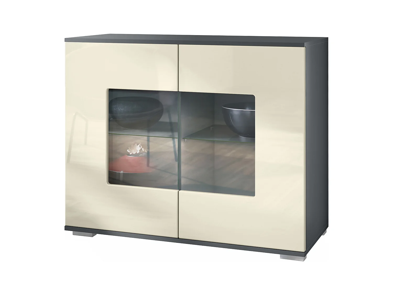 Commode Grömitz V3, Armoire de cuisine moderne avec 2 grandes portes vitrées anthracite mat / crème haute brillance (92,5 x 75.5 x 35)