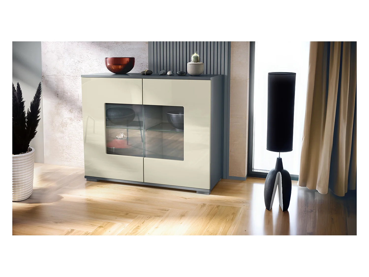 Commode Grömitz V3, Armoire de cuisine moderne avec 2 grandes portes vitrées anthracite mat / crème haute brillance (92,5 x 75.5 x 35)