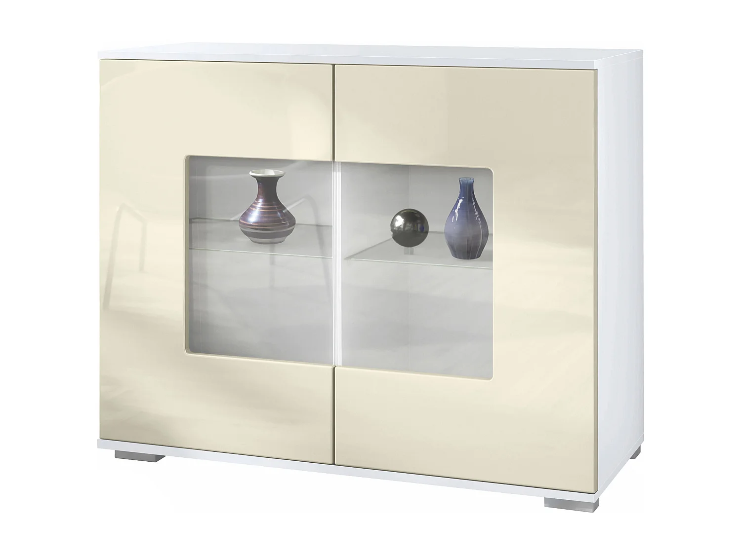 Commode Grömitz V3, Armoire de cuisine moderne avec 2 grandes portes vitrées blanc mat / crème haute brillance (92,5 x 75.5 x 35)