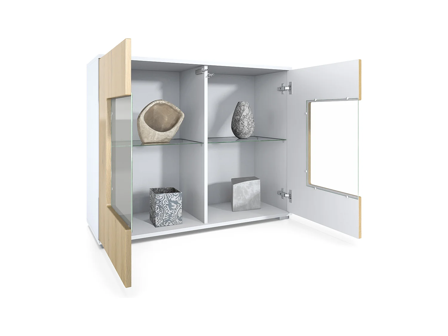 Commode Grömitz V3, Armoire de cuisine moderne avec 2 grandes portes vitrées blanc mat / crème haute brillance (92,5 x 75.5 x 35)