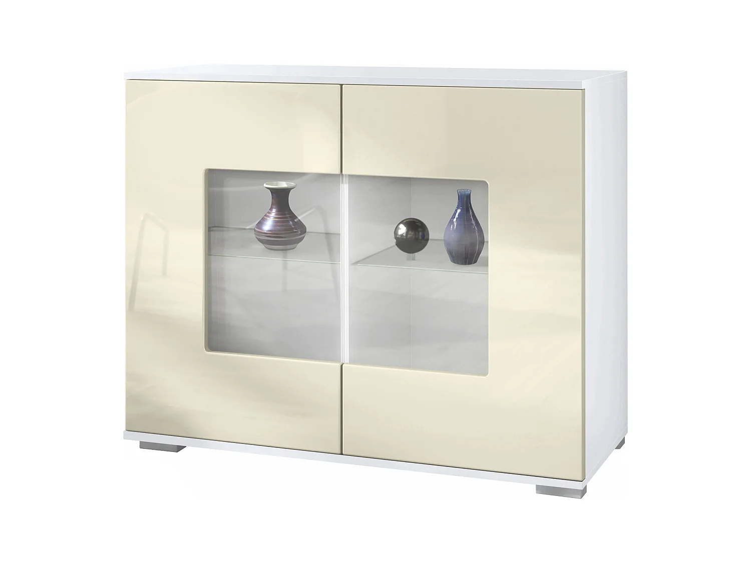Commode Grömitz V3, Armoire de cuisine moderne avec 2 grandes portes vitrées blanc mat / crème haute brillance (92,5 x 75.5 x 35)