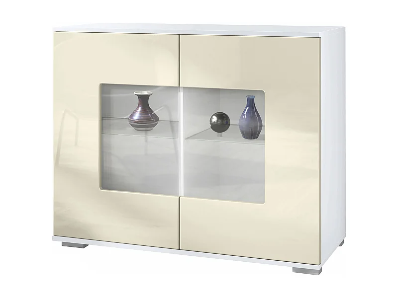 Commode Grömitz V3, Armoire de cuisine moderne avec 2 grandes portes vitrées blanc mat / crème haute brillance (92,5 x 75.5 x 35)