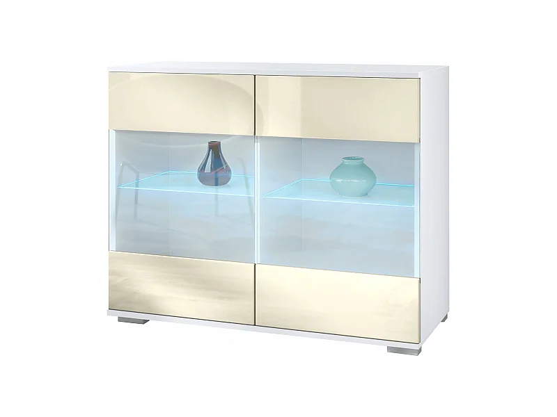 Cómoda Bari V3, Moderno armario de cocina con 2 grandes puertas de cristal incl. iluminación RGB blanco mate / crema de alto brillo (92,5 x 75.5 x 35)